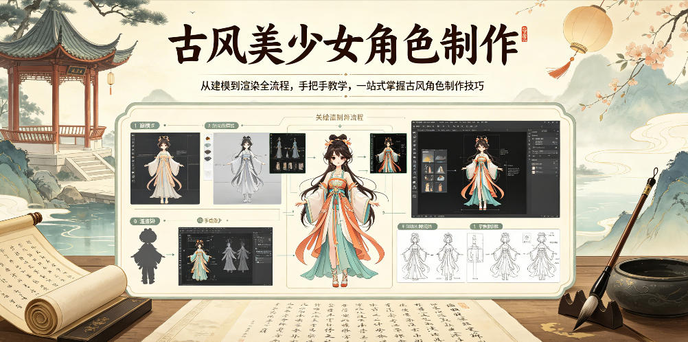 古风美少女角色制作，从建模到渲染全流程，手把手教学，一站式掌握古风角色制作技巧-空域资源网