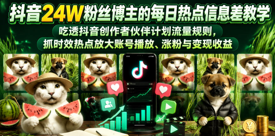 抖音24W粉丝博主的每日热点信息差教学,吃透创作者伙伴计划流量规则,抓时效热点放大账号播放、涨粉与变现收益(更新)-空域资源网