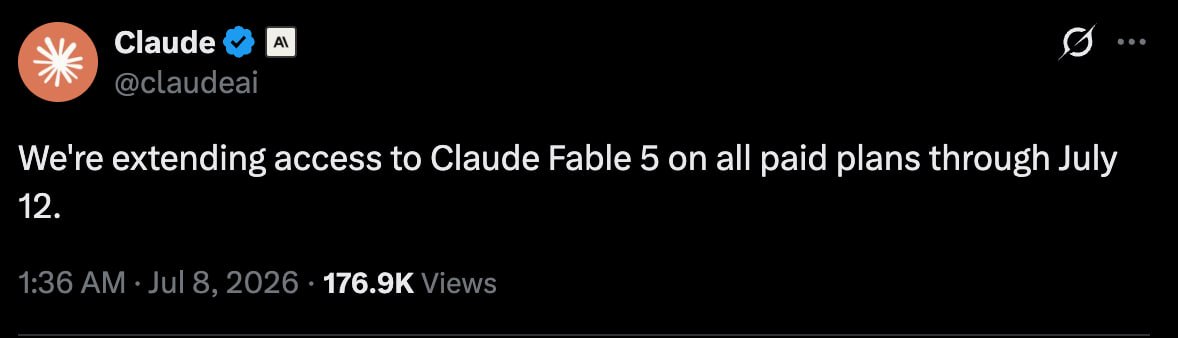Anthropic 将所有付费套餐的 Fable 5 的访问期限延长至 7 月 12 日-空域资源网
