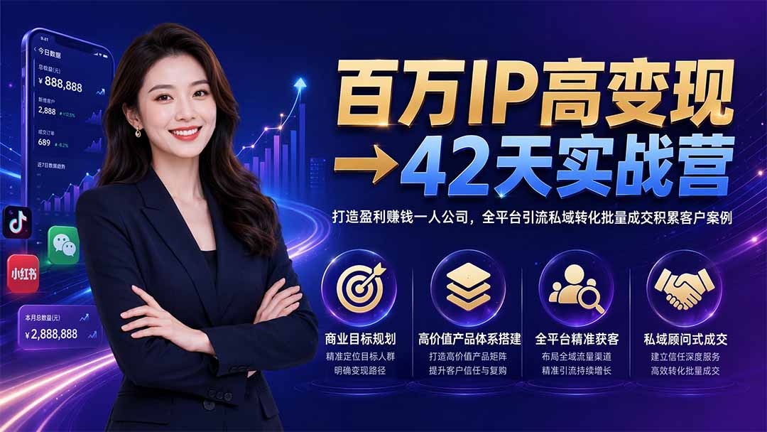 百万IP高变现→42天实战营|打造盈利赚钱一人公司,全平台引流私域转化批量成交积累客户案例-空域资源网