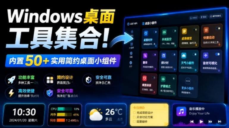 Windows桌面工具集合!内置50+实用简约桌面小组件,含截图、录屏、翻译、天气等,多秘工具箱-空域资源网